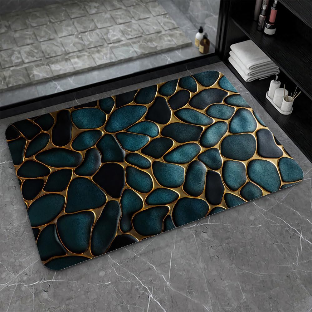 Diatomaceous earth mat with blue and gold patterns